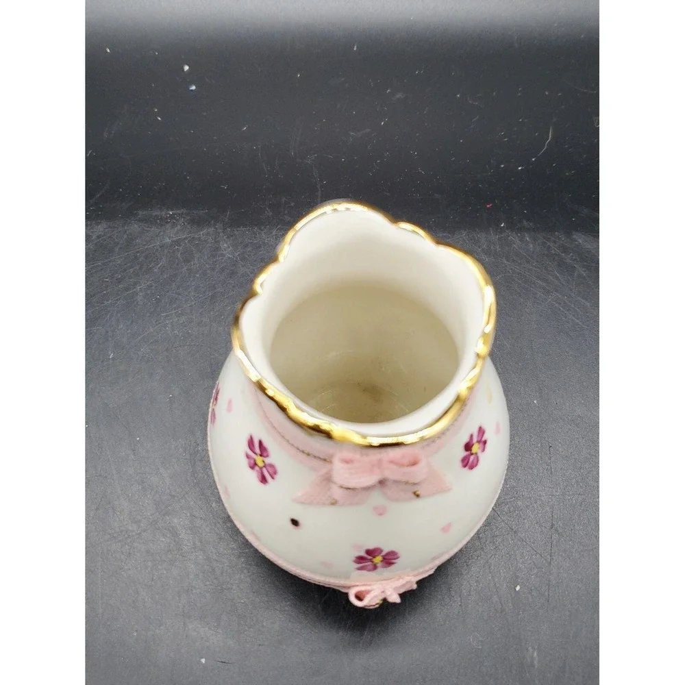 Vintage IRISH DRESDEN PORCELAIN Vase Flower PINK RIBBON AND Gold Trim 4